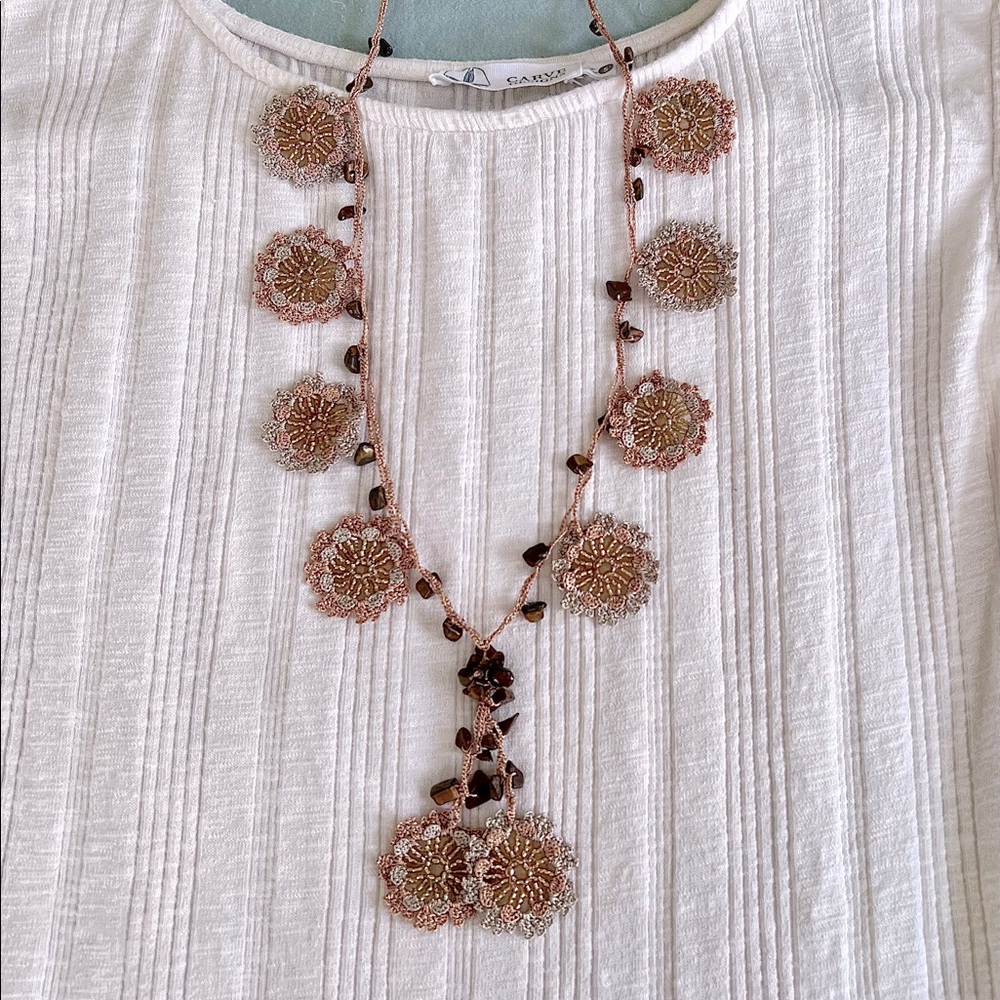 Handmade Delicate crocheted and stone bead necklace. 14 inches total length.